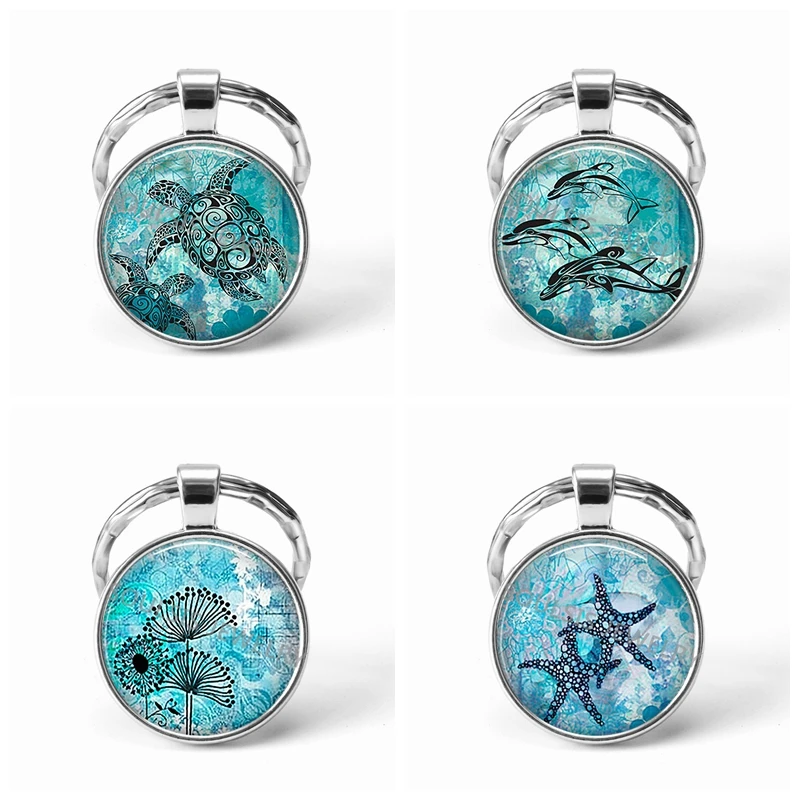 

Sea Turtles Starfish Glass Cabochon Key Chains Jewelry Gift Dolphin Dandelion Thistles Key Chain Key Ring