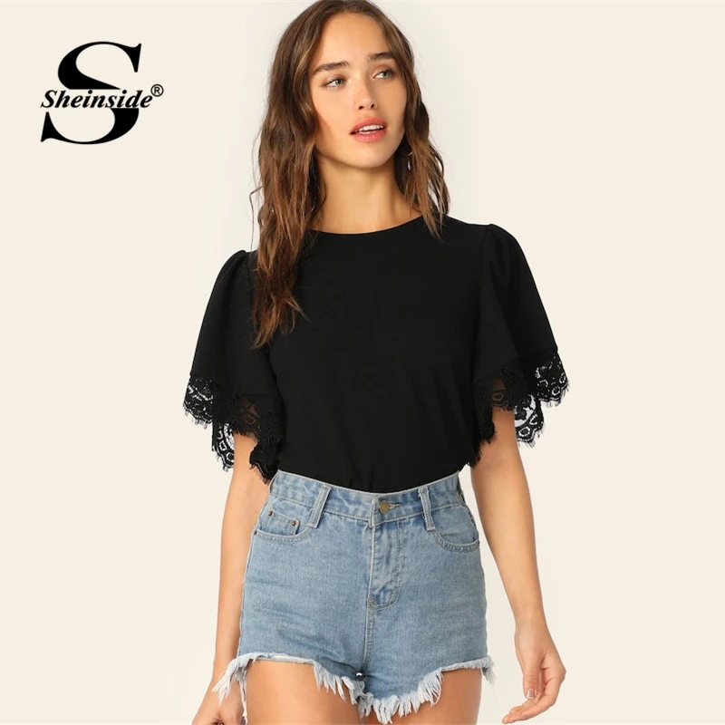 

Sheinside Casual Eyelash Lace Trim Black Blouse Women 2019 Summer Flounce Sleeve Blouses Ladies Minimalist Short Sleeve Top