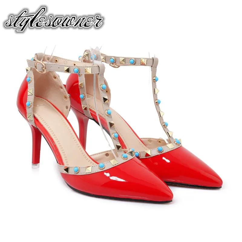

Stylesowner High Quality High-end Elegant Style Woman Sandals Party Shoes with Rivet High Thin Heels Patent Leather Sandals