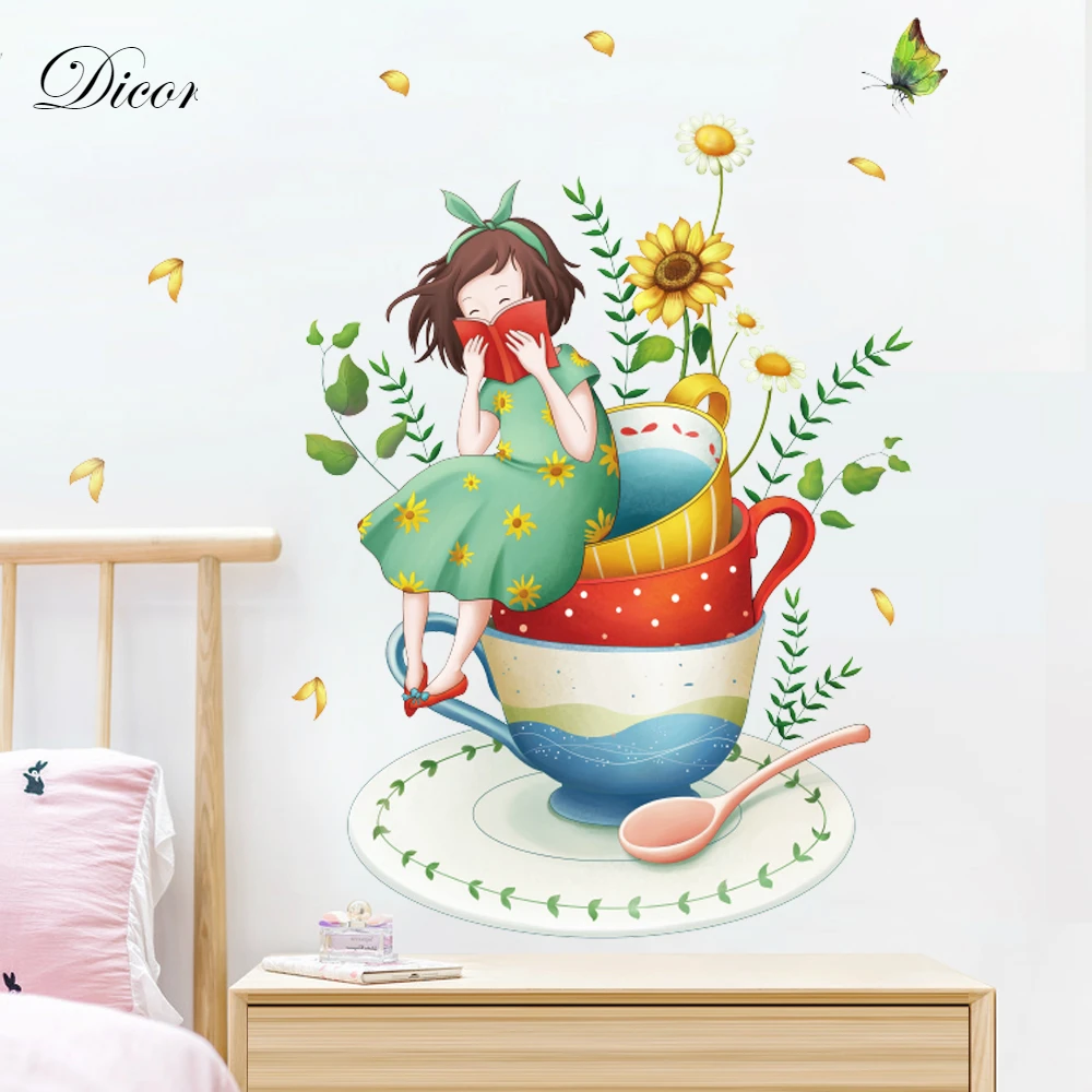

2018.11 Dicor New Brand Wall Sticker Flower Smiling Girl Creative Fashion PVC Decorative Stickers For Living Room Bedroom Decal
