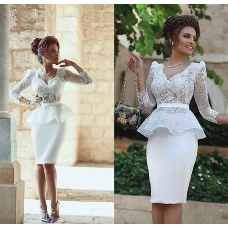 Mzych60 New Sexy White Lace Long Sleeve Short Knee Length Wedding