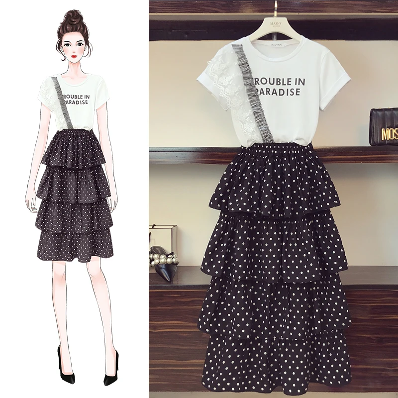 

XL-4XL Large Size Women's Sets New Summer Fashion Letter Lace Short Sleeve T-shirts + Dot Ruffles Chiffon Skirts Students Suits