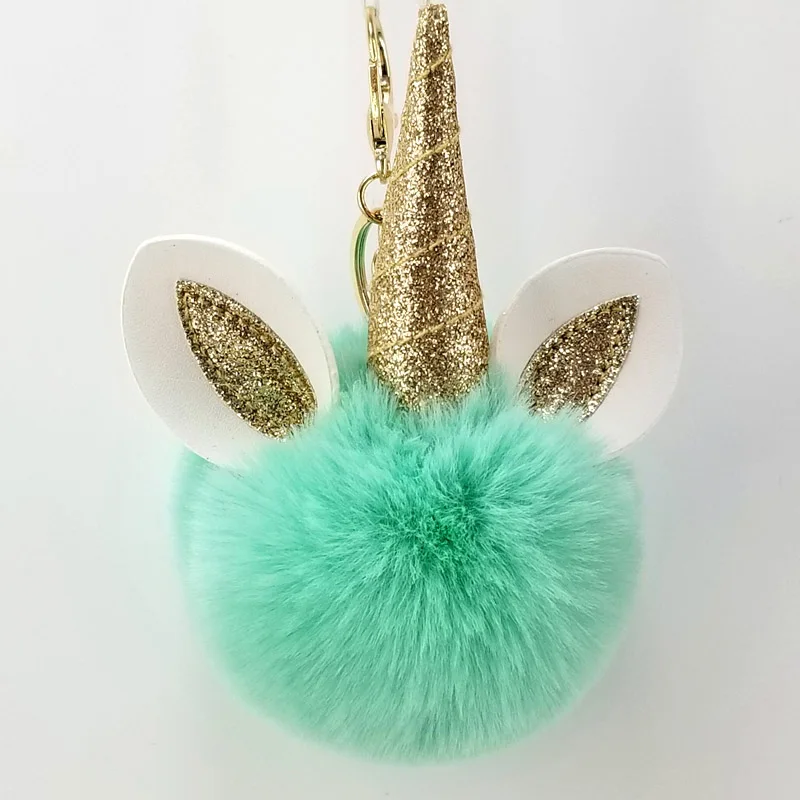 

Cute Pu Gold Powder Unicorns Keychains Pompom Balls Handmade Ornament Women Bags Charm key Rings Pendants Decoration Key chain