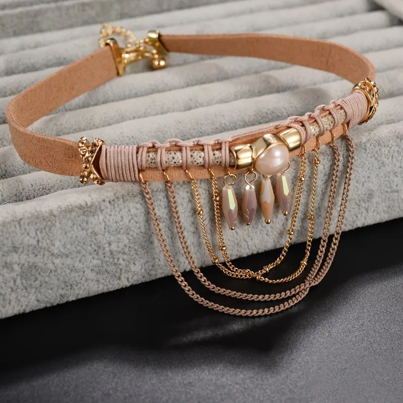 Bohemian Tassel Choker Necklace With Brown Leather Chain*