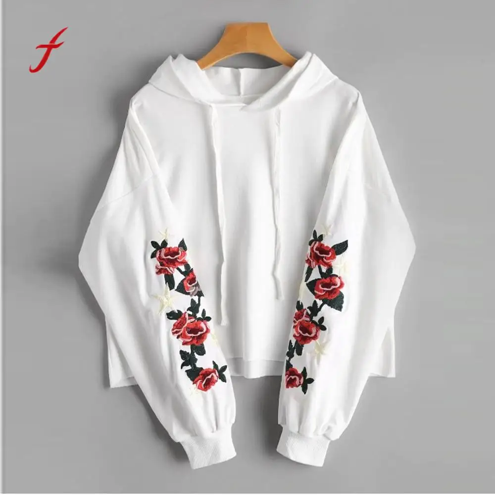 

feitong Women Long Sleeves Floral Embroidered Patch Drawstring Hoodie Blouse Tops Patch Drawstring Harajuku #3