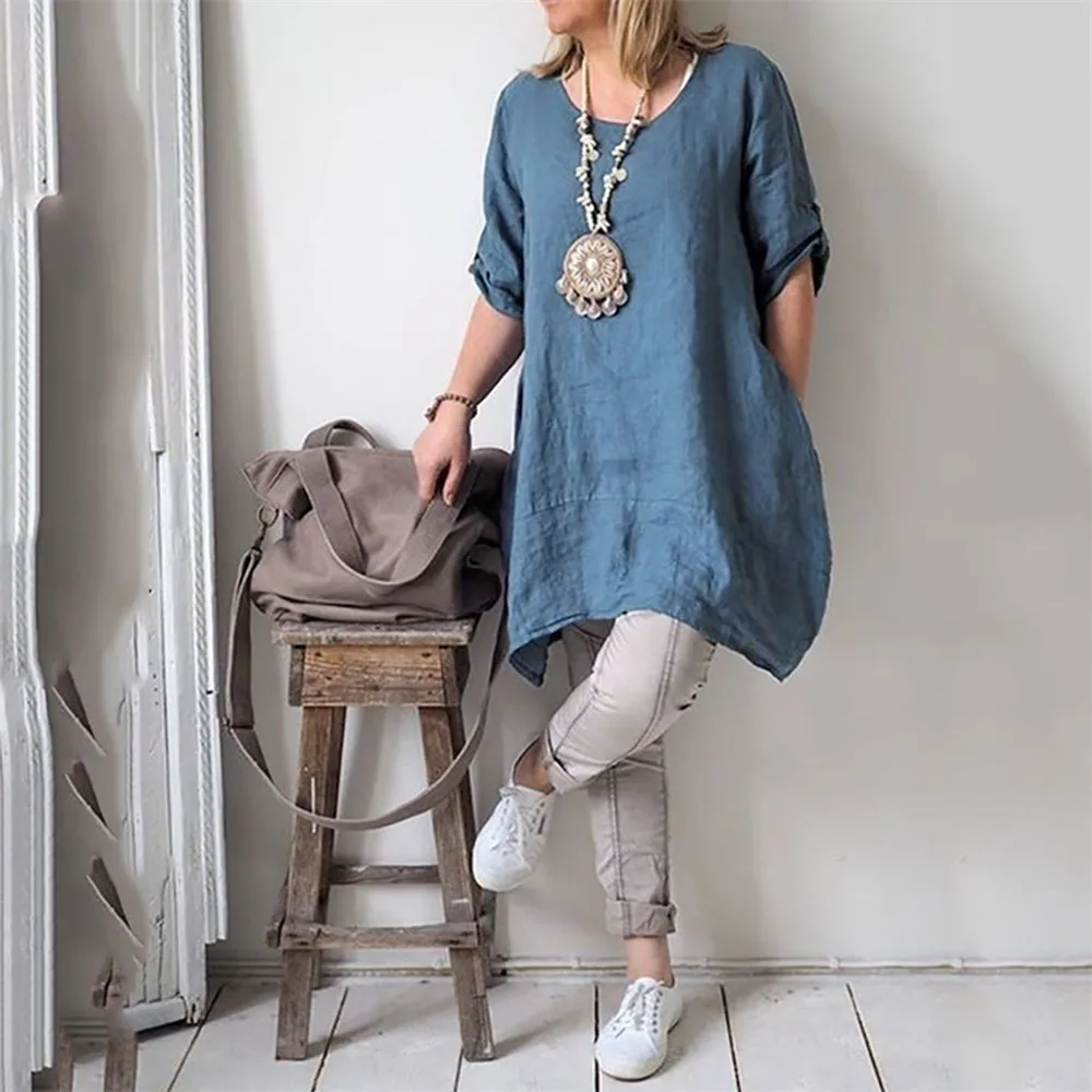 

CALOFE New Women Casual Linen Dress Summer Solid Irregular Vestidos Cotton Loose Plus Size S-5XL Beach Party Dress basic robe