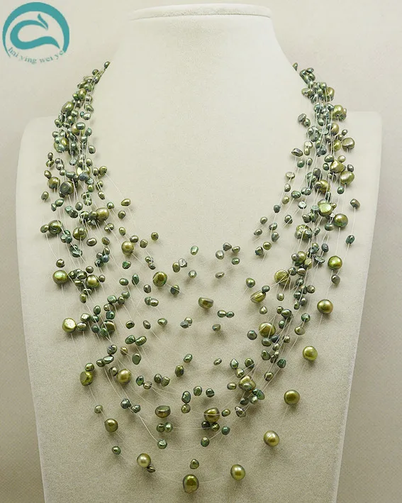 

Unique Pearls jewellery Store Handmade Wedding Birthday Perfect Women Gift Green Baroque 21rows Illusion Pearl Necklace
