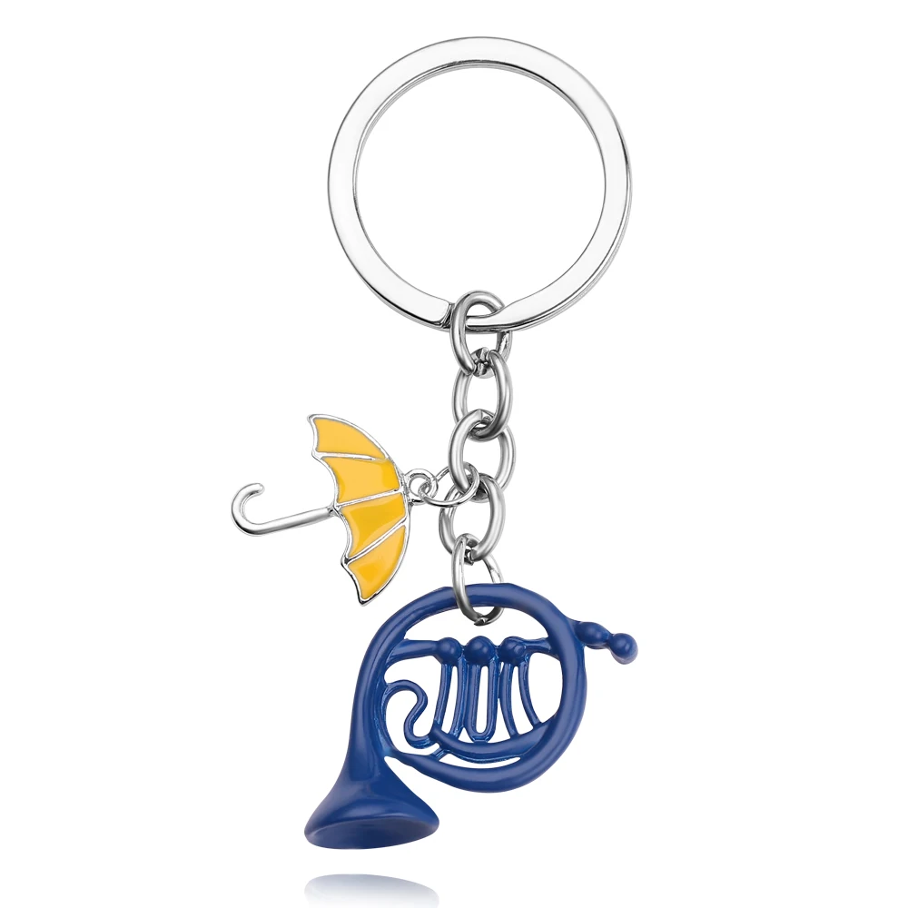 

Moive How I Met Your Mother Keychains Yellow Umbrella Mother Blue French Trumpet Horn Keychain Man and Woman Keyring Gift