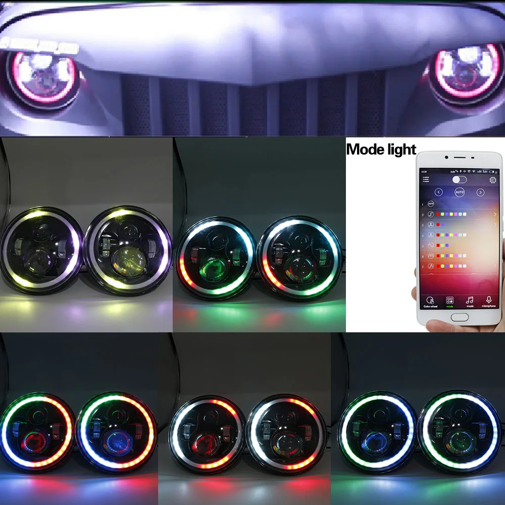 RGB Halo 7 Inch Led Headlight Plug And Play Led Angel Eyes Headlight Sealed Beam With Bluetooth Remote For Jeep Wrangler CJ JK