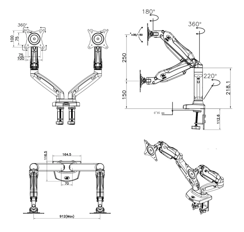 NB F160 газовая пружина 360 градусов настольный 1"-27" двойной монитор держатель Arm полный движения двойной кронштейн для монитора