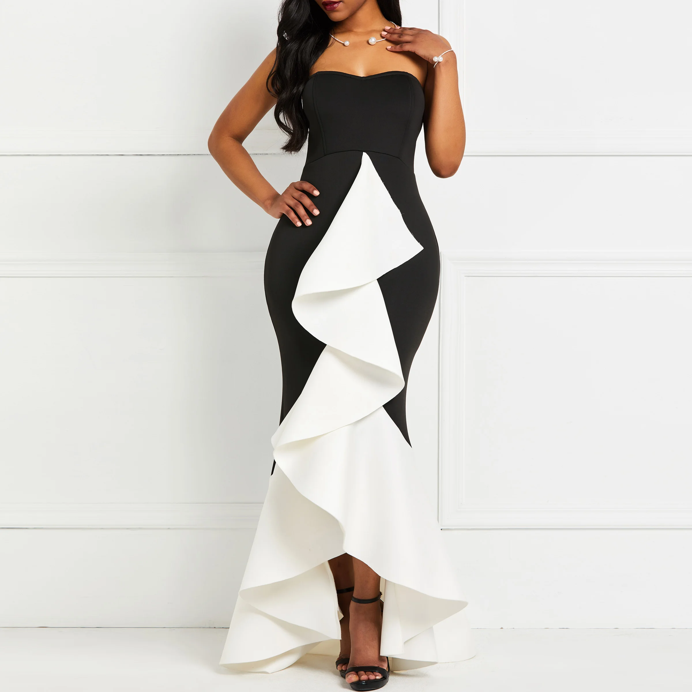 

Women Sexy Strapless Party Dress Black Layer Ruffles Evening Ladies Summer High Low Backless Tube Bodycon Elegant Long Dresses