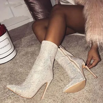 

Plus Size 35-42 Rhinestones Women Ankle Boots High Heels Shoes Woman Zip Pointed Toe Sexy Motorcycle Boots For Females