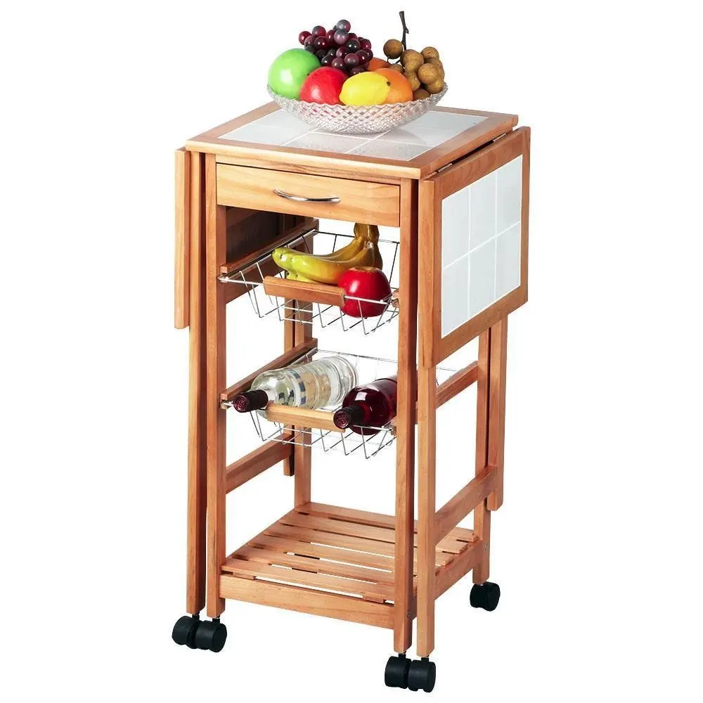 

Portable Rolling Drop Leaf Kitchen Storage Trolley Cart Island Sapele Color
