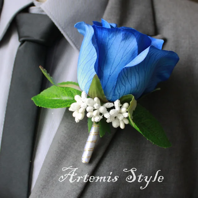 Rose Boutonniere Royal Blue Silk Rose Lapel Flower Wedding Decoration Party Banquet Artificial