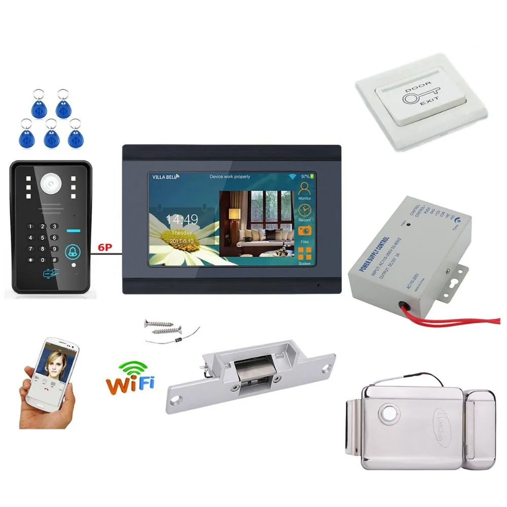 

Home Security 7 inch Wired / Wireless Wifi Fingerprint Video Door Phone Doorbell Intercom System with Electric Strike Lock