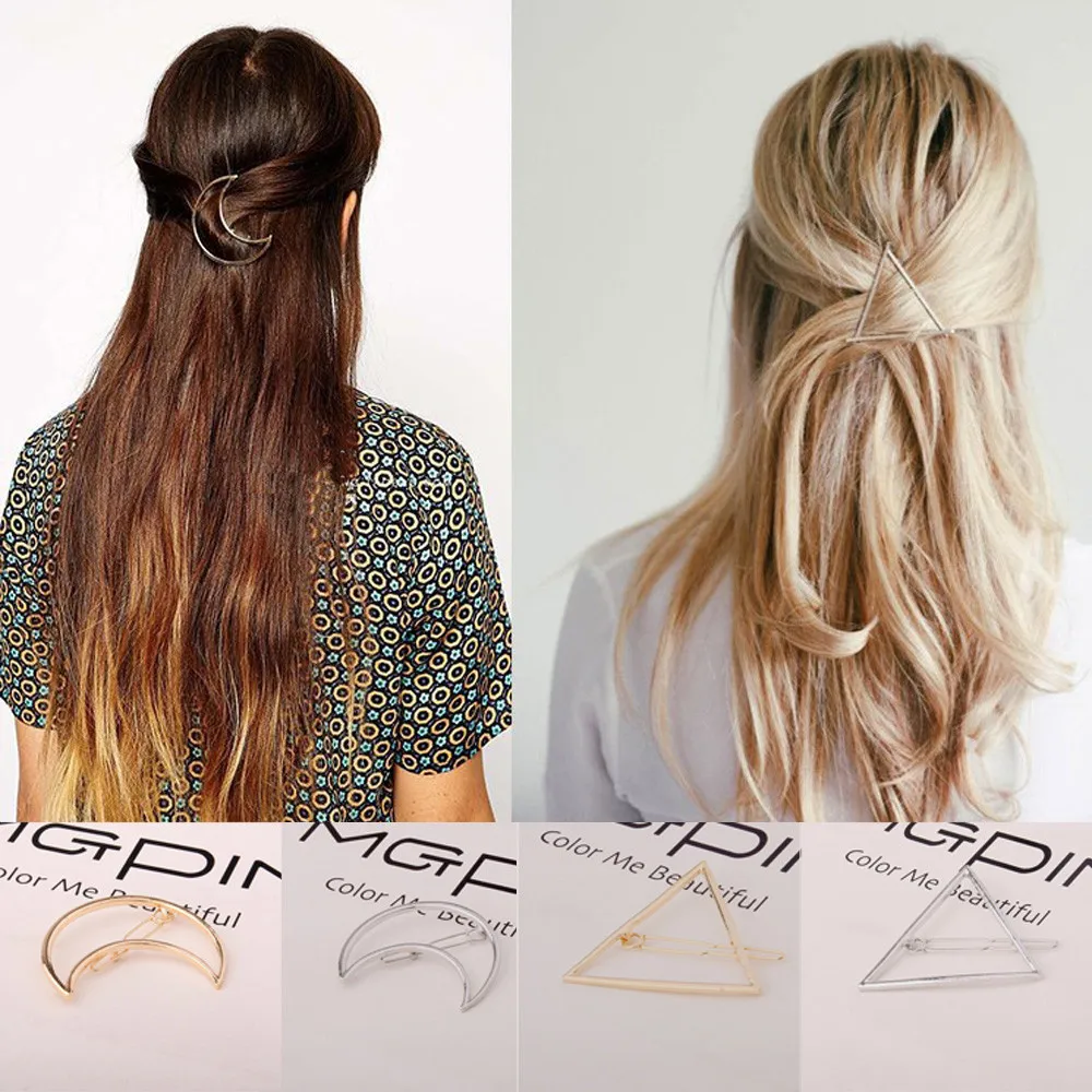 1PC Gold Silver Plated Alloy Geometric Triangle Hairpin Girls' Hair Clips Women Fashion Moon Hair Accessories A14R1C