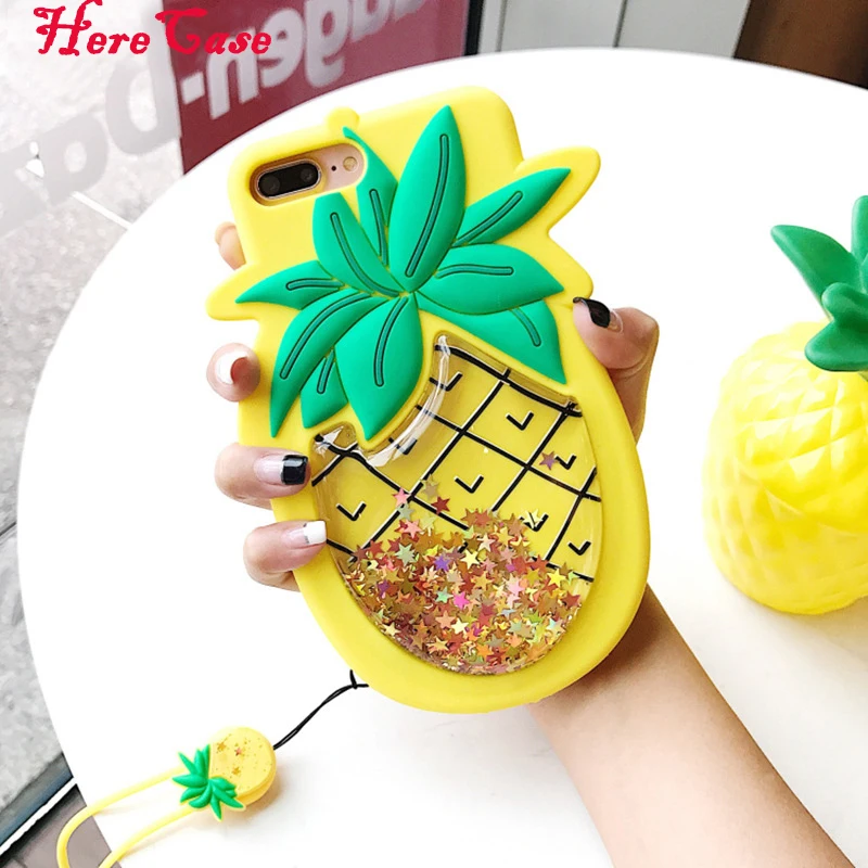

HereCase Liquid Quicksand Star Phone Case For iPhone 7 7plus 3D Pineapple Cases For iPhone 6 6S Plus Soft Coque Back Cover Strap