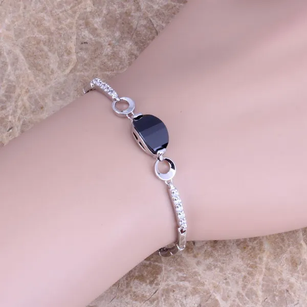 

Unusual Black Cubic Zirconia White CZ 925 Sterling Silver Link Chain Bracelet 7 inch S0343