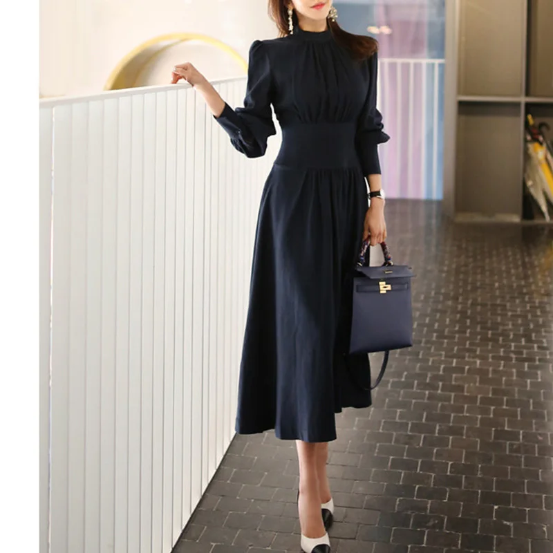 

Office Ladies Stand Collar Lantern Sleeve Women Dress Elegant Slim Waist A-line Ruched Female Long Dress Party Vestidos