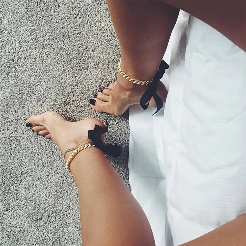 2018 NEW Beads anklets for women Sexy Beach Ribbons Bow Anklets Chain Foot Jewelry Black Sandals Pulseras Tobilleras J20#N (1)