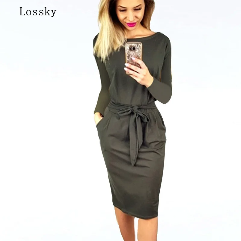 

2019 Autumn Winter Dress Women Long Sleeve Black Blue Dress Casual Slim Sashes Midi Cotton Dress Plus Size Fashion Clothing 3XL
