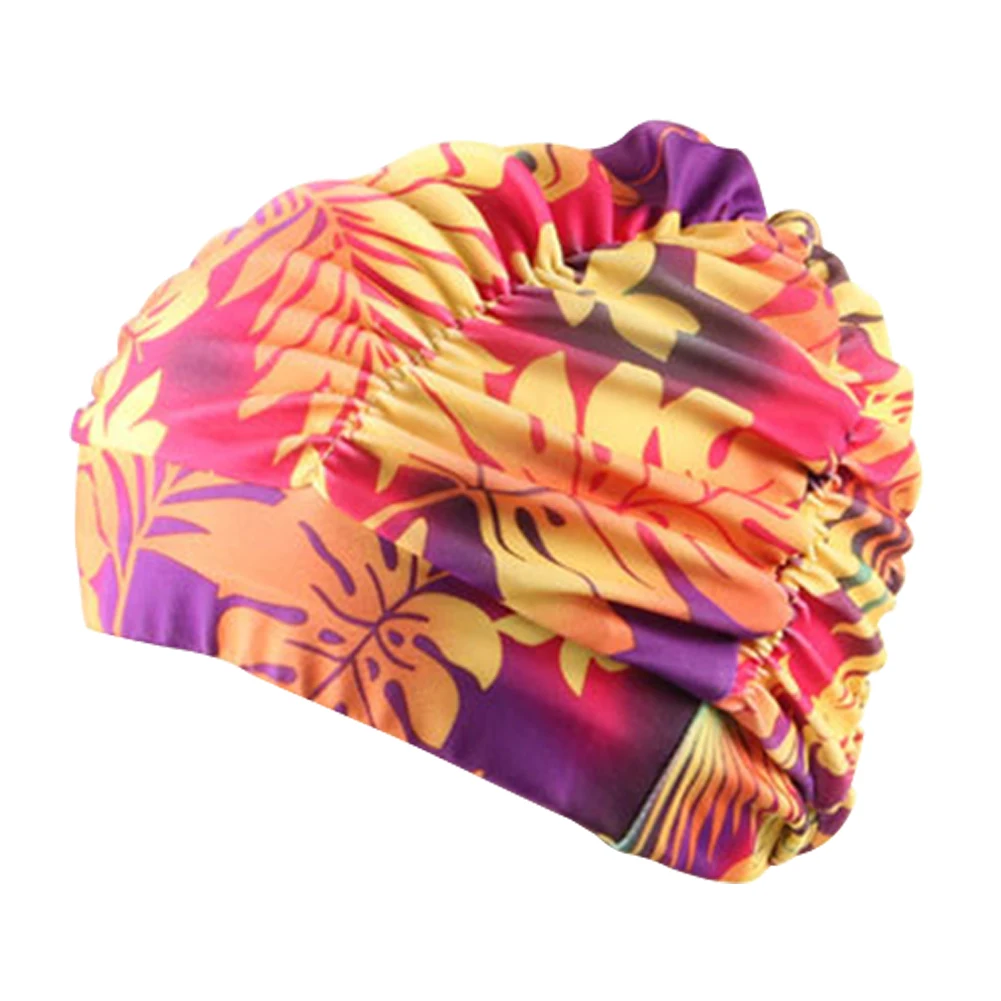 Женская эластичная шляпа стрейч для взрослых, модная нейлоновая шапочка для плавания с цветочным принтом, длинные волосы, для пляжа, бассейна, для купания, плиссированная