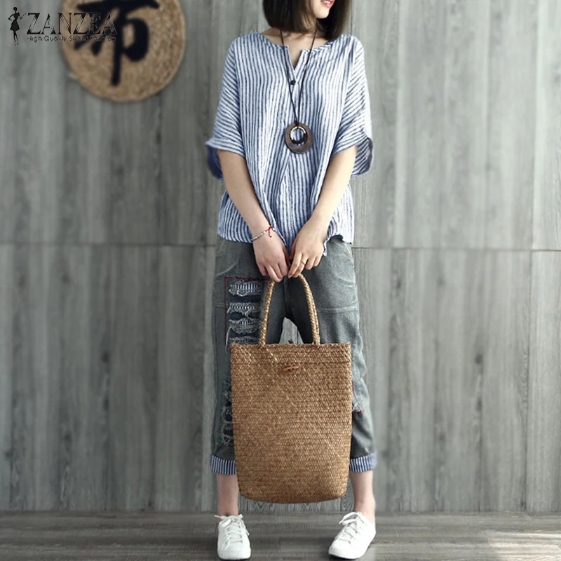  2019 ZANZEA Summer V Neck Sleeve Women Cotton Linen Striped Shirt Casual Loose Work Blouse Retro Pa