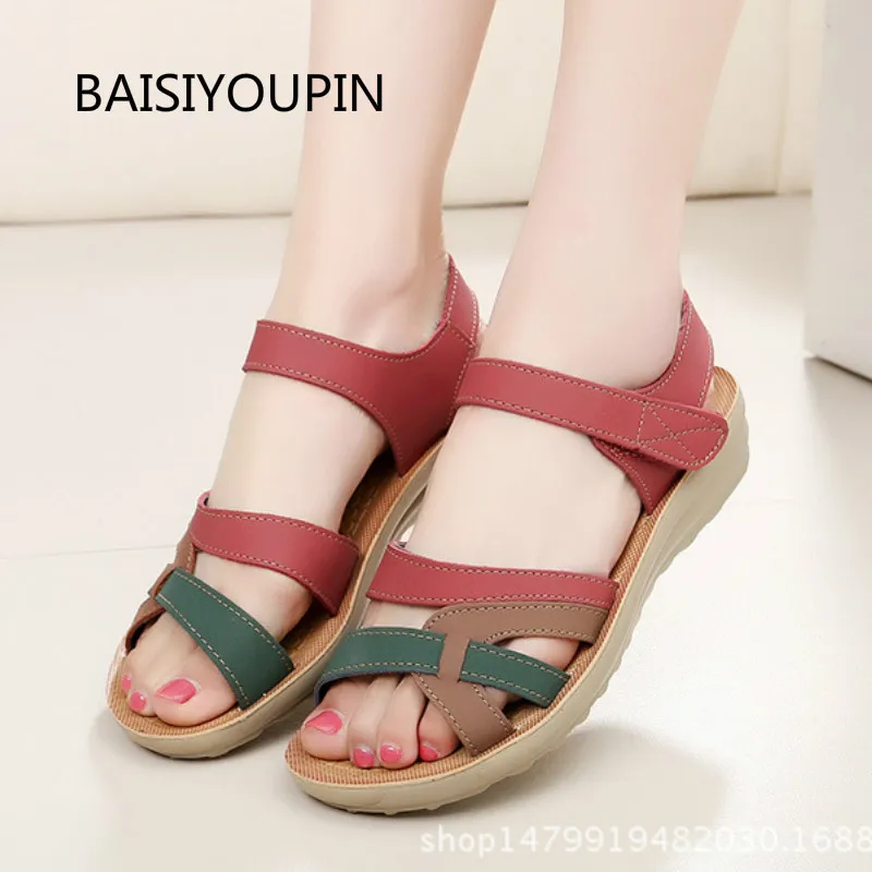

New Plus Size Women Sandals Fashion Mixed Colors Hook & Loop Soft Bottom Non-slip 3CM High Casuasl Flat Beach Women Shoes