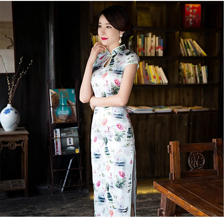 Лето синий фарфор Длинные платье Чонсам Для женщин современные Qipao Сексуальная традиционной китайской Платья для женщин Дешевые халат