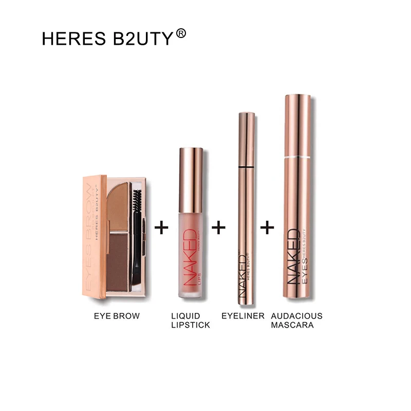 

4 pcs/1 set Brand HERES B2UTY MUST BUY Base Makeup Set eyebrow+matte lip gloss+eyeliner+mascara