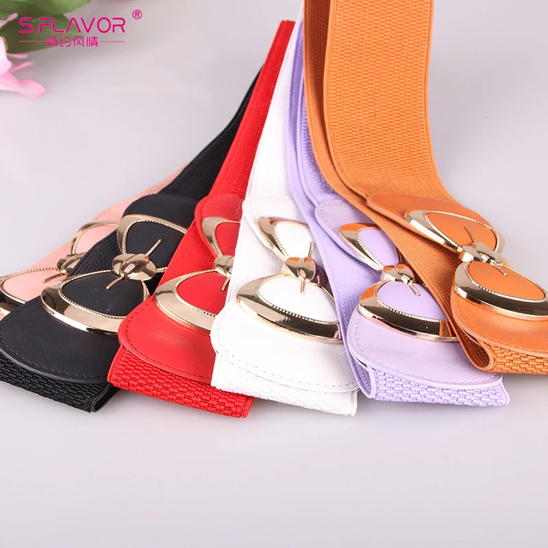 

S.FLAVOR Hot Sale Women Wide Elastic Stretch Waist Belt Harajuku Style Bow Bowknot Buckle Waistband For Women Dress