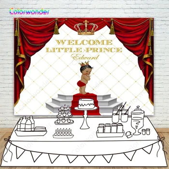 

Custom Baby Shower Backdrop Little Prince with Golden Crown Background Red Curtain Stage Backdrop For Boy Birthday Party Decor