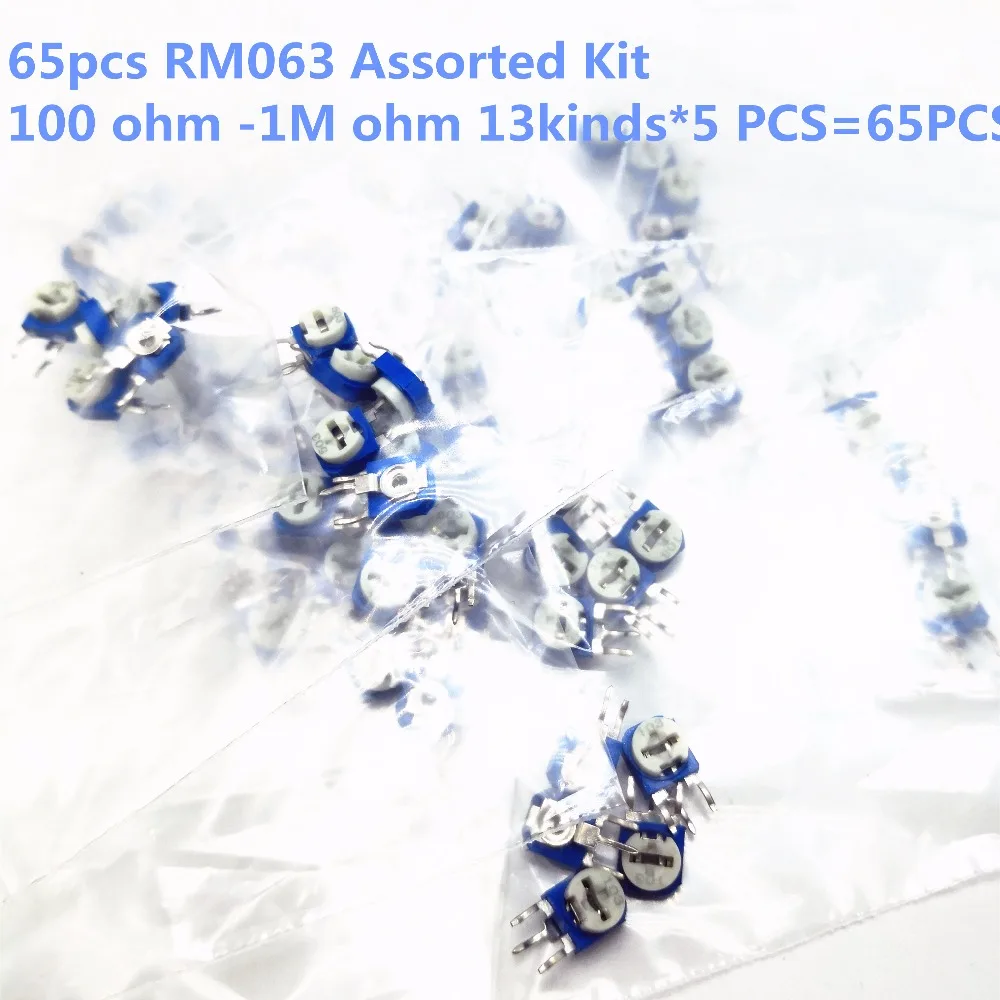 

65pcs RM063 Assorted Kit vertical blue white adjustable resistor kit 100 ohm -1M ohm 13 kinds * 5 PCS=65PCS Multiturn Trimmer