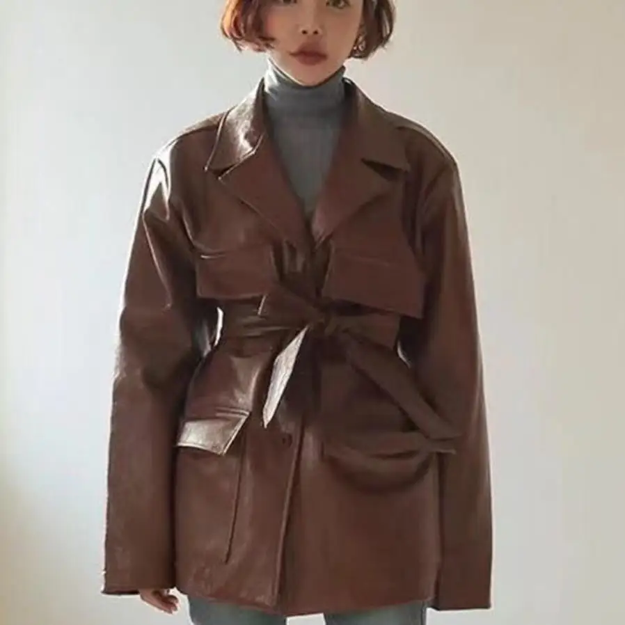 

2019 autumn new retro lapel handsome slim waist belt PU leather trench coat
