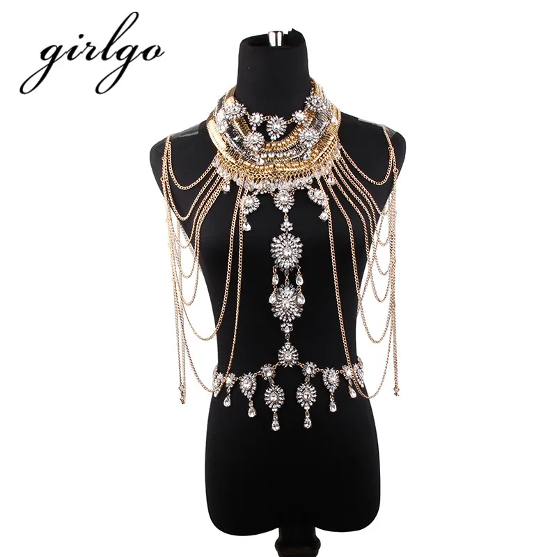 

Girlgo Luxury Flower Crystal Statement Jewelry Sets Women Wedding Party Sexy Exaggerated Handmade Body Chain Boho Maxi Necklace