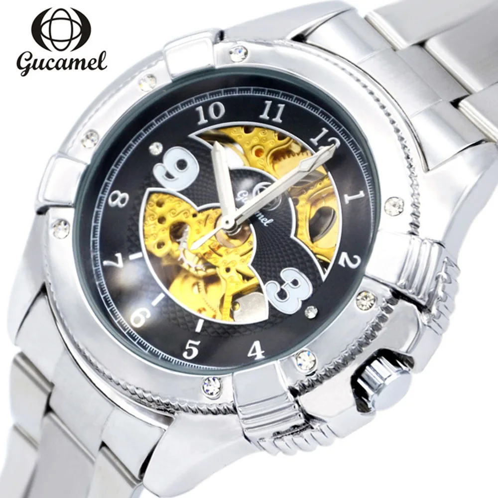 

GUCAMEL Mechanical Steampunk Design Fashion Business Dress Men Watch Top Brand Luxury Stainless Steel Automatic Skeleton Watch