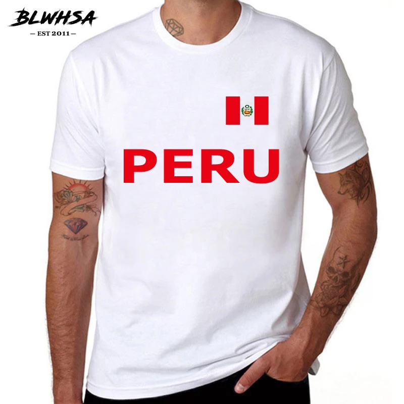 

BLWHSA Peru T Shirt White Summer Fashion Peru Flag Print T-shirt Creative Men Short Sleeve Tee Shirt Size XS-XXL