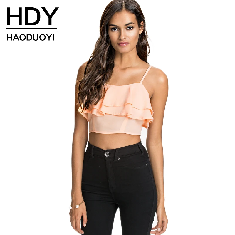 

HDY Haoduoyi 2019 New Fashion Tanks Women Casual Sexy Ruffles Off-shoulder Crop Tops Solid 2 Colors Backless Cute Summer Tanks