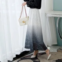 Весна Летняя длинная юбка для женщин Высокая талия Градиент кружево плиссированные юбки для