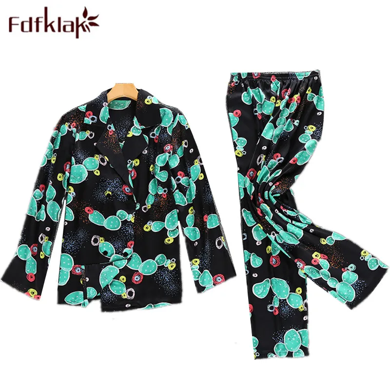Fdfklak пикантные пижама с длинными рукавами пижамы для Для женщин 2018 сезон: весна–лето цветочный шелковые пижамы Для женщин Pyjama Femme Домашняя