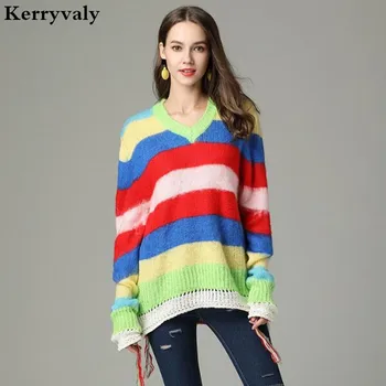 

Autumn Mohair Rainbow Striped Tassel Sweater Casacas Para Mujer Invierno 2018long Sleeve Women Sweaters and Pullovers K5285