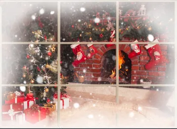 

decorated fireplace decorations tree room outdoor window background Vinyl cloth High quality Computer print christmas backdrop