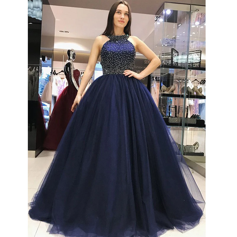 

Custom-made Ball Gown Prom Dress Open Back Sleeveless Beadings Tulle Women Elegant Formal Evening Dresses Vestidos de Gala