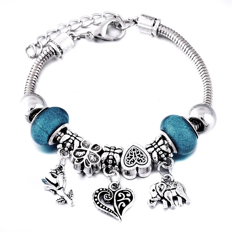 Charm Bangle Lobster Buckle Snake Chain Jewelry Elephant Flower Beaded Bangles For Women Summer Bracelet LOVE Romantic Gift