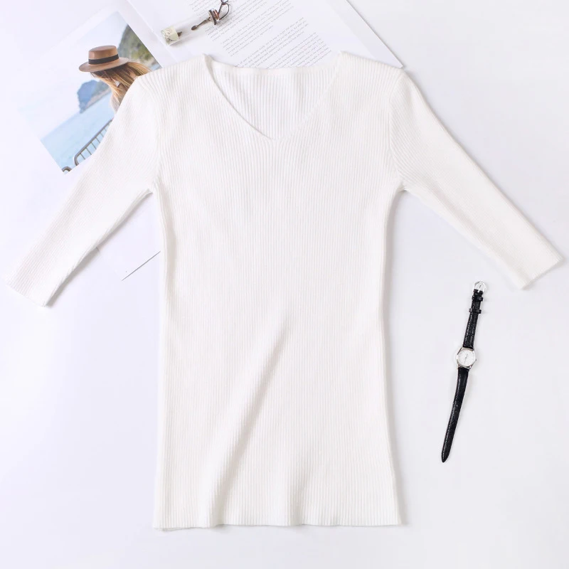 GOPLUS 2018 Spring New Ribbed Knit Sweaters Women Half Short Sleeves V Neck Knitted Pullovers White Black Tops C4889