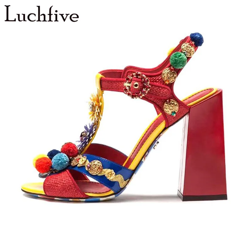 

New HairBall Rivets High Heels Sandals Women Sexy Peep Toe T-tied Flower Shoes Red Rhinestone Buckles Summer Zapatos De Mujer