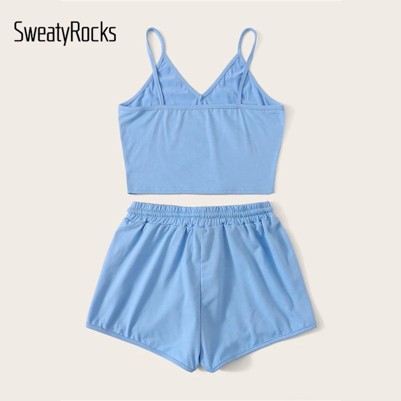 SweatyRocks однотонный топ на бретельках и шорты с завязками на талии женские летние спортивные шорты базовый комплект из двух предметов шорты в уличном стиле