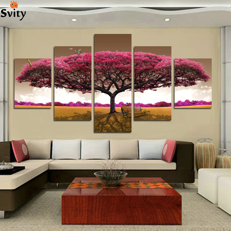 5 Panels No Frame purple tree Painting Canvas Wall Art Picture Home