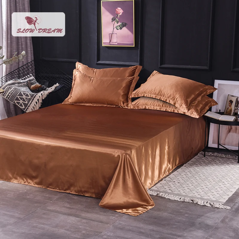 

Slowdream Bedding Linen European Solid Color Coffee Silky Luxury Flat Sheet Double Queen King Size Home Textiles Bedding 1PCS