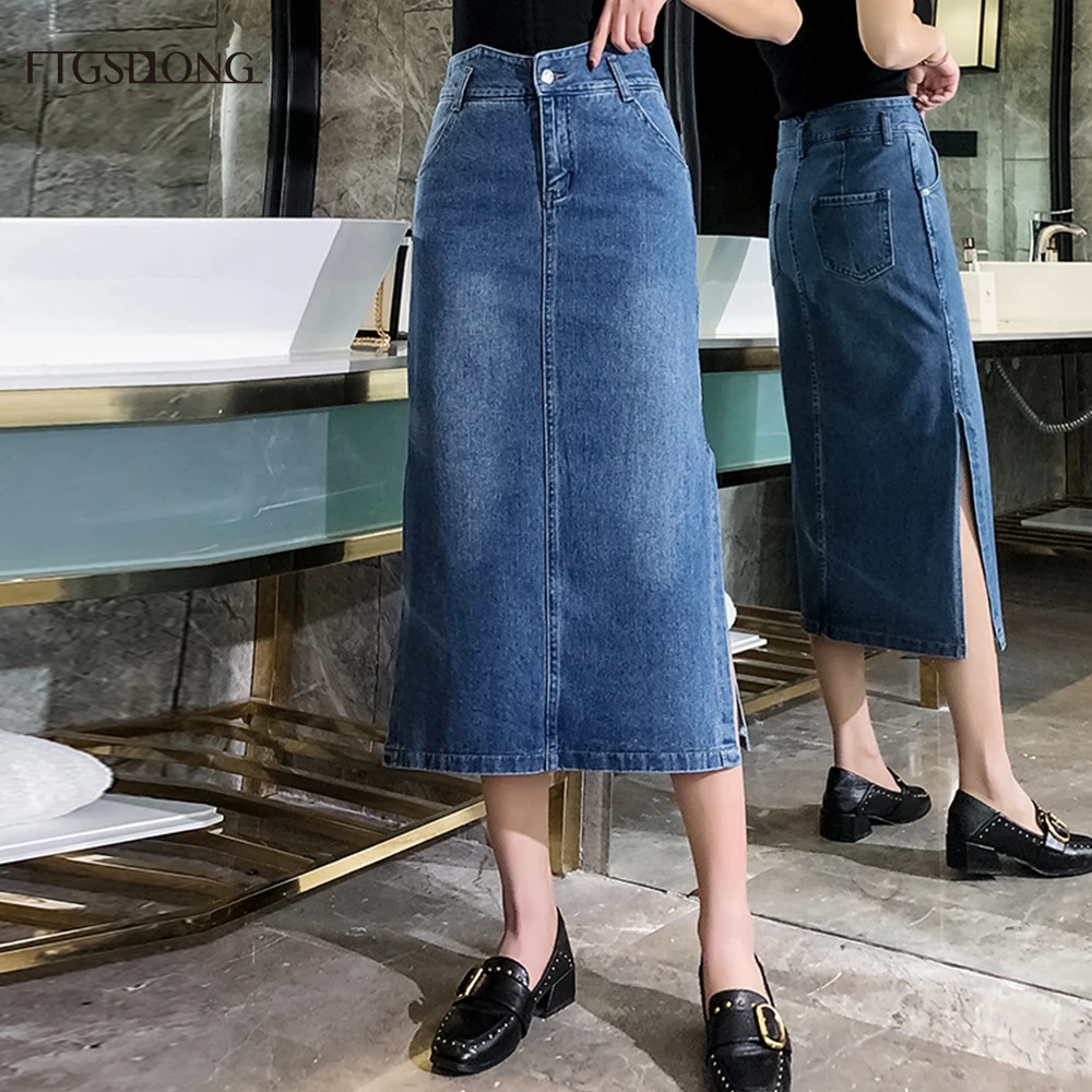 

FTGSDLONG Spring Summer Long Denim Skirts Plus Size Fashion High Waist Ladies Pencil Skirts Casual Ruffled Skirt 2019 Side Split